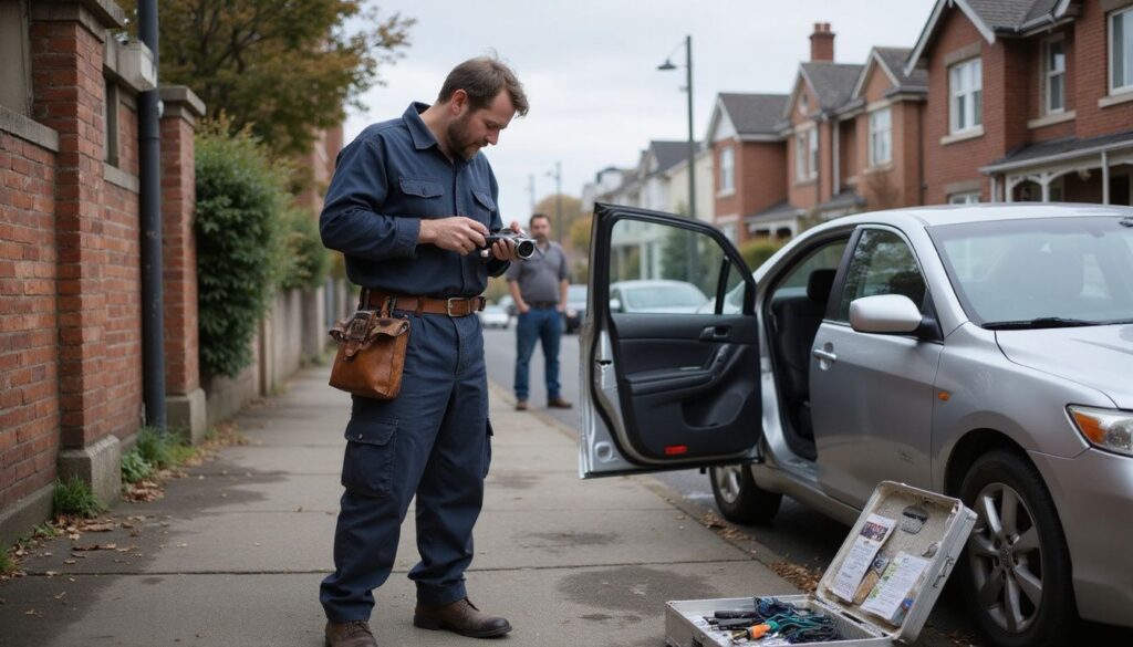 A locksmith works on a silver Toyota sedan in St Kilda while a concerned property owner watches nearby.